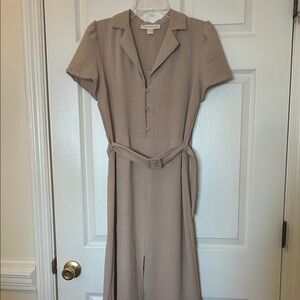 Elegant Taupe Midi Dress with Belt